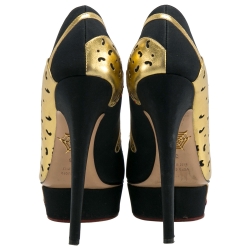 Pre Owned حذاء كعب عالي شارلوت أوليمبيا نعل سميك فهد نينافه جلد ذهبي/ أسود مقاس 38