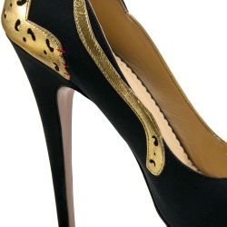 Pre Owned حذاء كعب عالي شارلوت أوليمبيا نعل سميك فهد نينافه جلد ذهبي/ أسود مقاس 38