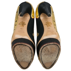 Pre Owned حذاء كعب عالي شارلوت أوليمبيا نعل سميك فهد نينافه جلد ذهبي/ أسود مقاس 38