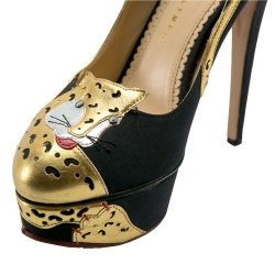 Pre Owned حذاء كعب عالي شارلوت أوليمبيا نعل سميك فهد نينافه جلد ذهبي/ أسود مقاس 38