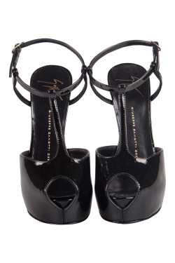 Pre Owned Giuseppe Zanotti Black Patent Leather T Strap Peep Toe Platform Sandals Size 38