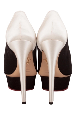Pre Owned Charlotte Olympia Black And Cream Satin Masako Platform Pumps Size 37
