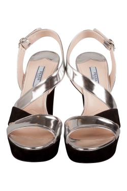 Pre Owned Prada Black Suede And Metallic Silver Leather Strappy Platform Sandals Size 38