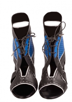 Roberto Cavalli Black And Blue Perforated Leather Lace Up Cut Out Sandals Size 38.5