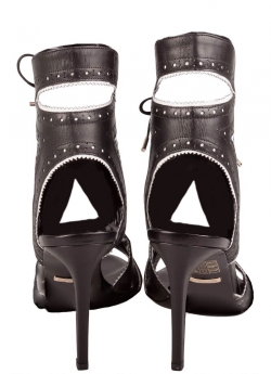 Pre Owned Roberto Cavalli Black And Blue Perforated Leather Lace Up Cut Out Sandals Size 38.5