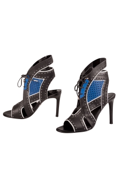 Pre Owned Roberto Cavalli Black And Blue Perforated Leather Lace Up Cut Out Sandals Size 38.5
