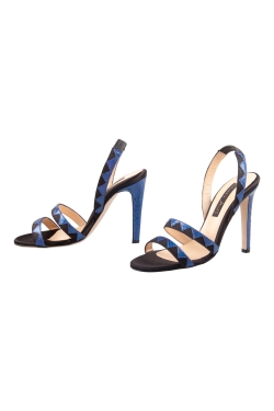 Chrissie Morris Metallic Blue Python Leather Trim And Satin Slingback Open Toe Sandals Size 37
