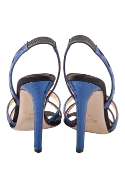 Chrissie Morris Metallic Blue Python Leather Trim And Satin Slingback Open Toe Sandals Size 37