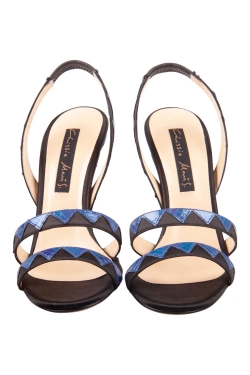 Chrissie Morris Metallic Blue Python Leather Trim And Satin Slingback Open Toe Sandals Size 37