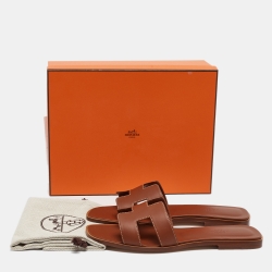Hermes Brown Leather Oran Slide Flats Size 40