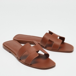 Hermes Brown Leather Oran Slide Flats Size 40