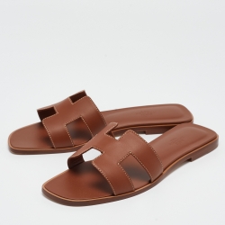 Hermes Brown Leather Oran Slide Flats Size 40