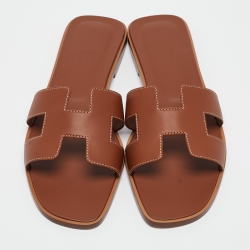 Hermes Brown Leather Oran Slide Flats Size 40