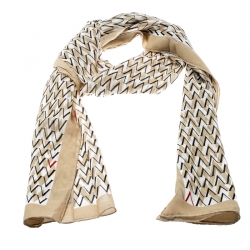 Pre Owned Valentino Beige and White V Logo Print Silk Chiffon Stole  
