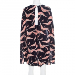 Pre Owned Valentino Navy Blue Swallow Print Silk Mini Capelet Dress M