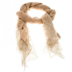 Pre Owned Valentino Beige Metallic Scallop Lace Detail Scarf
