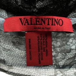 Pre Owned Valentino Grey Lace Printed Modal and Silk Scalloped Lace Detail Scarf
