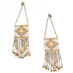 Valentino Multicolor Navajo Beaded Geometric Fringe Gold Tone Long Chain Earrings 
