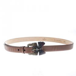 Pre Owned Valentino Cedar Brown Leather Crystal Embellished Butterfly Buckle Belt 85cm