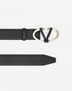 Pre Owned Valentino Black Leather V Rivet Belt 90 CM