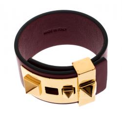 Pre Owned Valentino Rockstud Burgundy Leather Gold Tone Wide Bracelet
