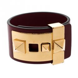 Pre Owned Valentino Rockstud Burgundy Leather Gold Tone Wide Bracelet