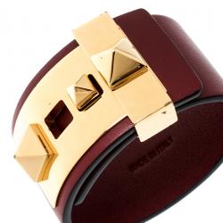 Pre Owned Valentino Rockstud Burgundy Leather Gold Tone Wide Bracelet