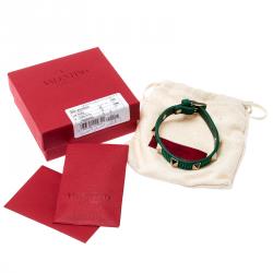 Pre Owned Valentino Emerald/Smeraldo Leather Swarovski Crystal Rockstud Glam Bracelet