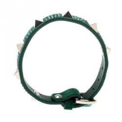 Pre Owned Valentino Emerald/Smeraldo Leather Swarovski Crystal Rockstud Glam Bracelet