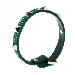 Pre Owned Valentino Emerald/Smeraldo Leather Swarovski Crystal Rockstud Glam Bracelet