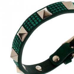 Pre Owned Valentino Emerald/Smeraldo Leather Swarovski Crystal Rockstud Glam Bracelet