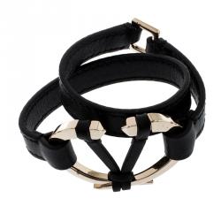 Pre Owned Valentino Black Leather V Rivet Double Wrap Bracelet M