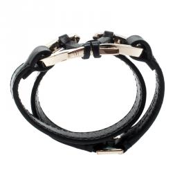 Pre Owned Valentino Black Leather V Rivet Double Wrap Bracelet M
