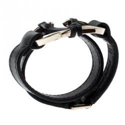 Pre Owned Valentino Black Leather V Rivet Double Wrap Bracelet M