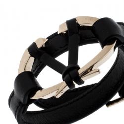 Pre Owned Valentino Black Leather V Rivet Double Wrap Bracelet M