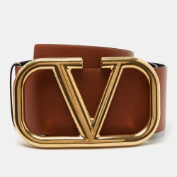 Pre Owned Valentino Tan/Black Leather VLogo Buckle Waist Belt 80 CM
