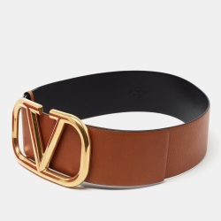 Pre Owned Valentino Tan/Black Leather VLogo Buckle Waist Belt 80 CM