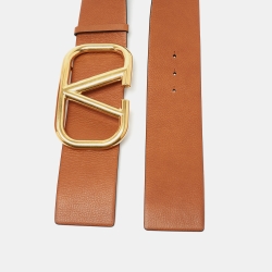 Pre Owned Valentino Tan/Black Leather VLogo Buckle Waist Belt 80 CM