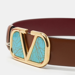 Pre Owned Valentino Brown/Burgundy Leather VLogo Reversible Buckle Belt 75 CM