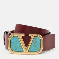 Pre Owned Valentino Brown/Burgundy Leather VLogo Reversible Buckle Belt 75 CM