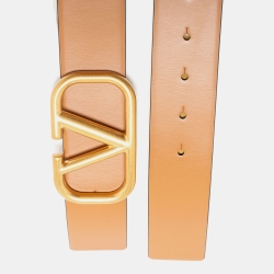 Pre Owned Valentino Tan/Yellow Leather VLogo Reversible Belt 65 CM