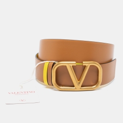 Pre Owned Valentino Tan/Yellow Leather VLogo Reversible Belt 65 CM