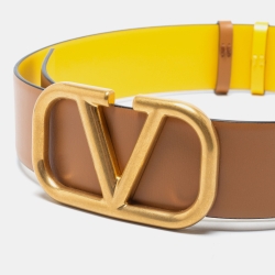 Pre Owned Valentino Tan/Yellow Leather VLogo Reversible Belt 65 CM