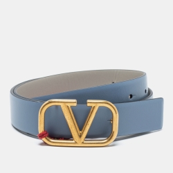 Pre Owned Valentino Light Blue/Grey Leather VLogo Belt 85 CM