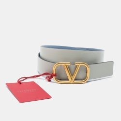 Pre Owned Valentino Light Blue/Grey Leather VLogo Belt 85 CM