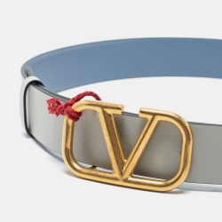 Pre Owned Valentino Light Blue/Grey Leather VLogo Belt 85 CM