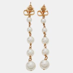 Pre Owned Valentino Gold Tone Faux Pearl VLOGO Drop Earrings