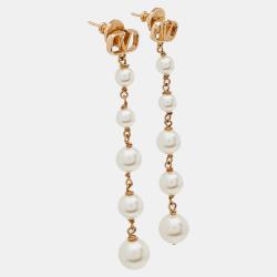 Pre Owned Valentino Gold Tone Faux Pearl VLOGO Drop Earrings