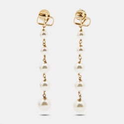 Pre Owned Valentino Vlogo Faux Pearl Gold Tone Earrings