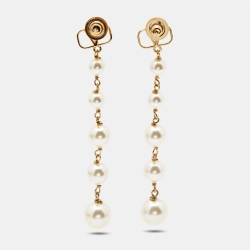 Pre Owned Valentino Vlogo Faux Pearl Gold Tone Earrings